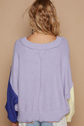 POL Exposed Seam Contrast V-Neck Lantern Sleeve Sweater OutfitFlow